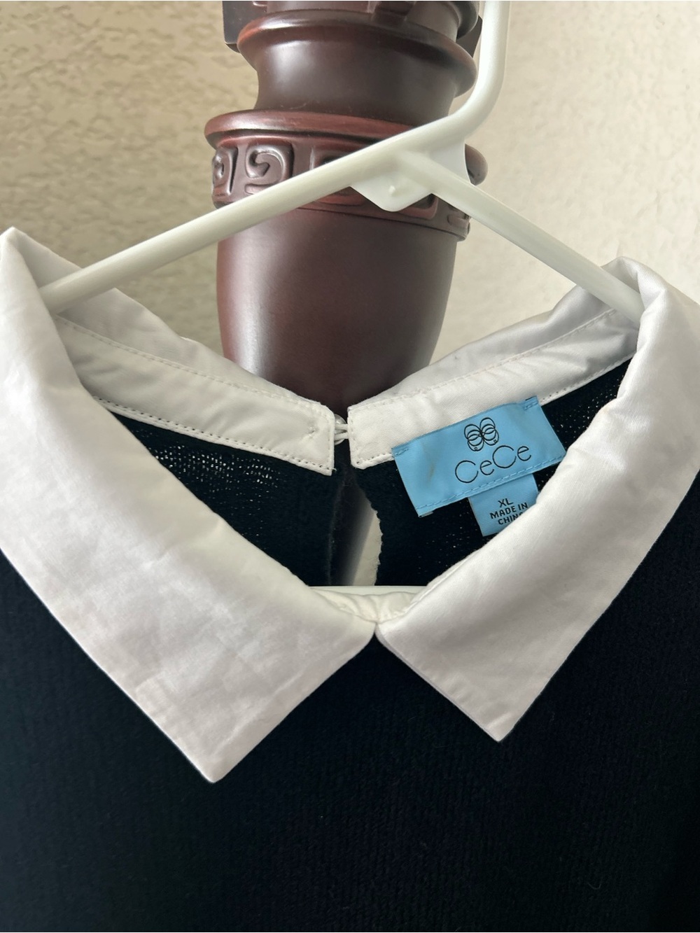 CeCe Black Crewneck Sweater with White Collared Layer - Picture 3 of 6